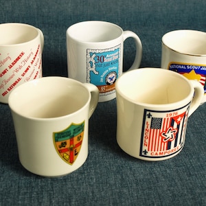 Vintage Boy Scout Mugs - BSA 30th Scout Show, National Jamboree 1910-1985, Lincoln Marti Comporee 1976, Friendship / Fellowship Weekend