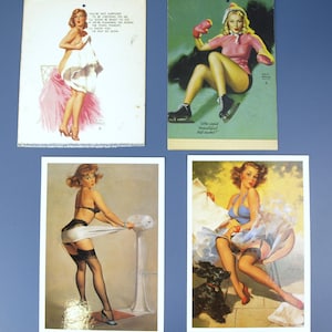 Vintage Earl Moran Pin Up Girl Wall Cards circa 1940s (2) & Gil Elvgren PinUp Girl Post Cards Circa &#39;02 (2) Lot of 4 In Excellent Condition
