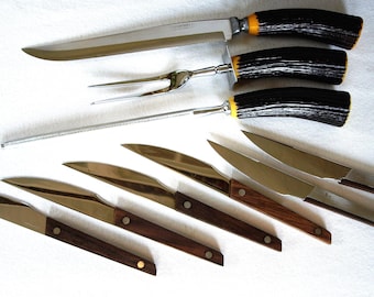 Vintage Robinson Knife Company Carving Set w Case, Steak Knives, Two Prong Fork, Carving Knife and Sharpener – Faux Bone Handles