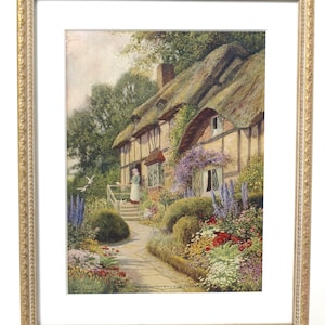 Vintage Anne Hathaway&#39;s Cottage Lithograph Print by Arthur Claude Strachan - Country Home w Thatched Roof - Professionally Matted & Framed