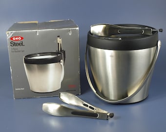 Vintage Oxo Steel 3 Piece Stainless Steel Ice Bucket Set with Bucket, Tongs, Caddy