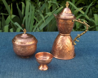 Vintage Hand Tooled / Hammered / Stamped Middle Eastern Copper Teapot, Sugar Bowl and Tea Cup set with Brass Handle and Spout