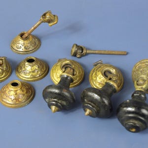Antique Victorian East Lake Style Brass & Black Ebony Wood Pendant Drawer Drop Pulls Reclaimed Hardware Lot