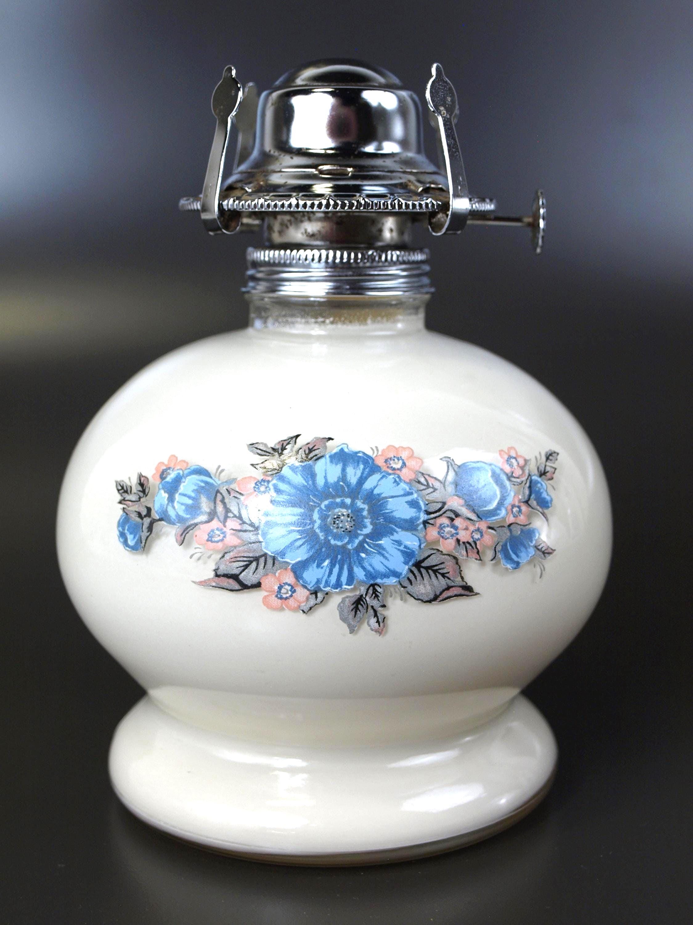 Mid Century Vintage Lamplight Farms Oil Lamp, White Glass W/ Blue