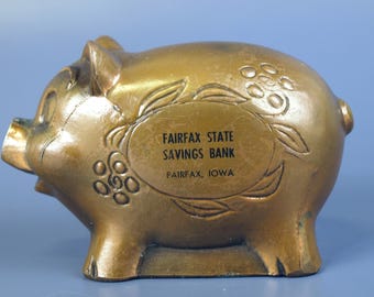 Vintage Mid-Century Metal Piggy Bank Statue with Floral Design - Fairfax State Savings Bank of Iowa Coin Bank - In Very Good Condition