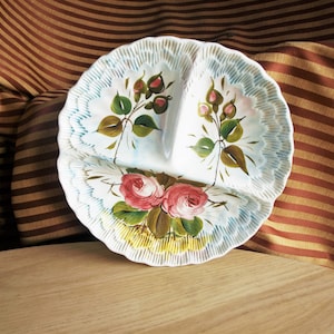 Vintage Hand Painted Roses Italian Three Sectional Ceramic Relish Serving Platter Tray / Plate