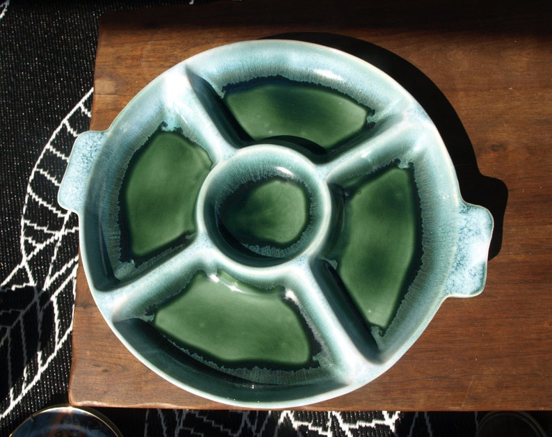 Very Rare Early Pfaltzgraff Green Drip Glaze Lazy Susan Platter Plate circa 1920 \u2013 Keystone Symbol with Large P mark