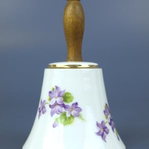 Vintage Enesco Japan Imports Porcelain Bell w/ Purple Flowers & Wooden Handle - circa 1950&#39;s - 4.25&quot; T x 2.5&quot; Dia - Great Condition