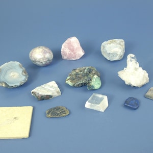 Pink Quartz and Clear Crystal Quartz Cluster, Green Chrysoprase, Blue/Gray Gilded Agate, Magnesite, Fern & Small Fish Fossils and Marble Egg