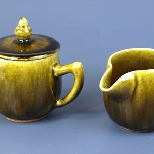 Vintage Thai Celadon Retro Mod Stoneware Creamer and Sugar Bowl Studio Pottery with Organic Green Drip Glaze – Stamped w Marker's Mark