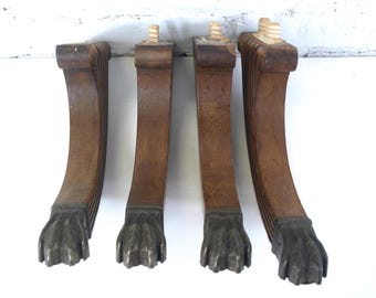 Set of 4 Antique 1920s Duncan Phyfe Couch Legs, Antique Mahogany Sofa Saber Feet with Brass Lion Paw Caps, Architectural Furniture Salvage