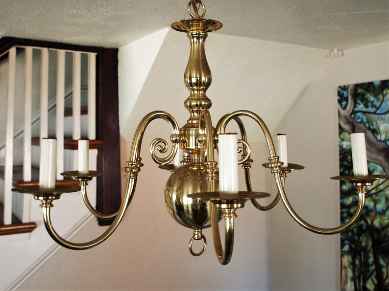 Vintage Dutch Flemish Brass 6 Arm Incandescent Chandelier