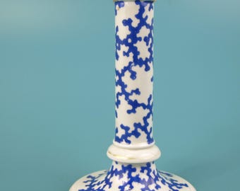 Antique Mapplebeck Blue Spongeware Ceramic Candlestick Holder, 19th Century English Cobalt Blue & White Taper Holder with Gold Accent Trim