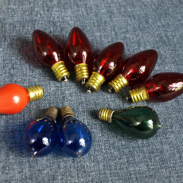 Antique Exhaust Tip Edison C6 Incandescent Pear Christmas Light Bulbs in Cobalt Blue and Emerald Green & C7 Ruby Red, and Orange - untested