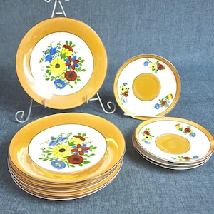 Vintage Handpainted RKG Cechoslovakia / Czechoslovakia Lusterware Saucers and Bread / Dessert Plates with Orange Border and Floral Design