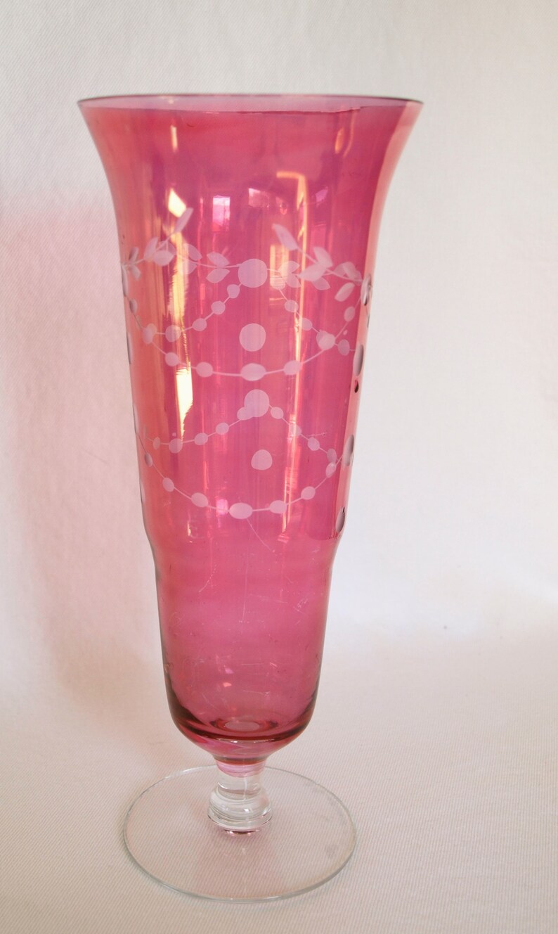 Vintage Footed Cranberry Pink Glass Fluted Vase W Flora Etsy