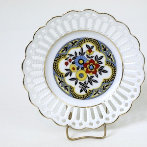 Antique Schumann Bavaria Reticulated 5.25&quot; Dessert Plate with Blue / Yellow Floral Pattern - Pristine