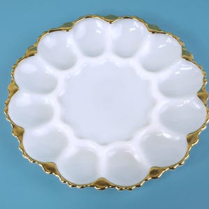 Vintage Anchor Hocking Fire-King Milk Glass Deviled Egg Platter with Scalloped Edge and 22K Gold Trim 10" Plate