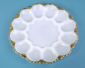 Vintage Anchor Hocking Fire-King Milk Glass Deviled Egg Platter with Scalloped Edge and 22K Gold Trim 10" Plate