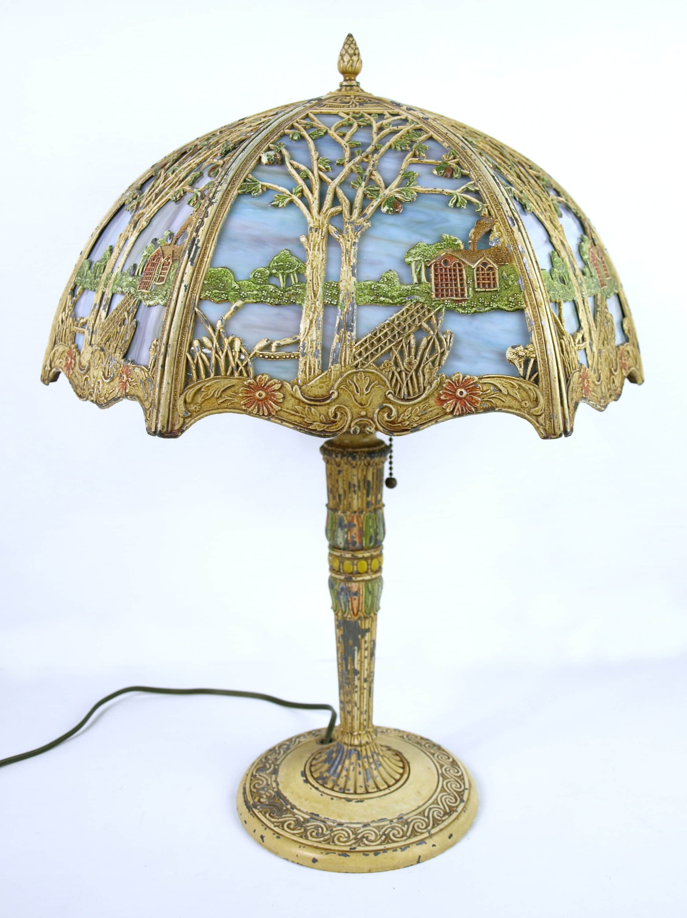 Antique Art Nouveau Miller Table Lamp with Bucolic Country Cottage Scene Cold Painted Cast Metal Blue Slag Glass circa 20 s Works