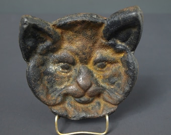 Vintage Cast Iron Cat Trinket Dish or Ashtray - 3.75" High by 3.5" Wide - Great Cat Face with Orange Patina