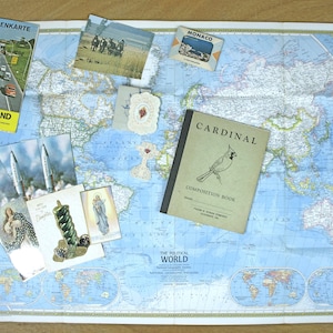 Vintage Memorabilia & Travel Souvenirs Lot, Most Circa, Mid Century - Postcards, Map, Holy Cards, Composition Book and More - Good+