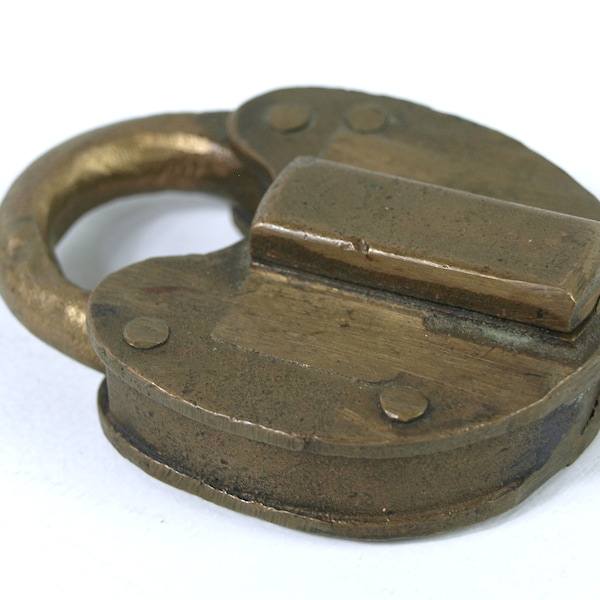 Large 19th C Antique Hand Forged Brass Padlock with Swing Door - No Key - Possibly RR Railroad Lock