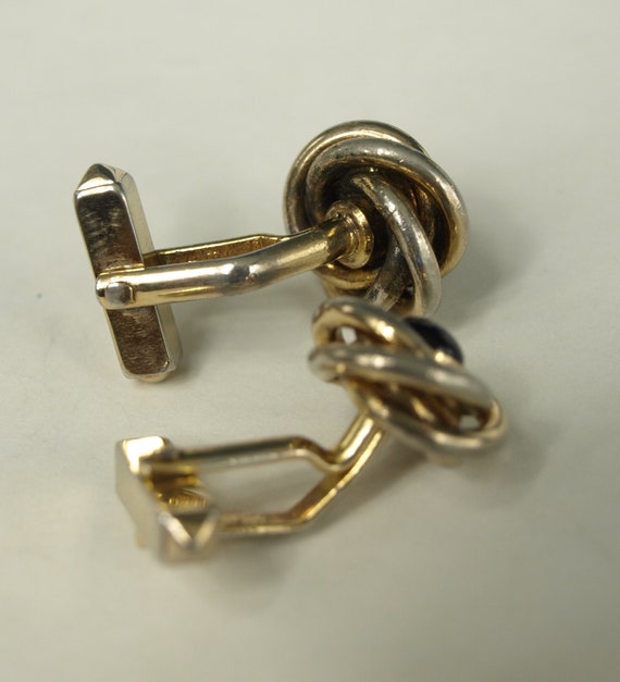 Vintage SWANK Cuff Links - Goldtone Knot with Blu… - image 2