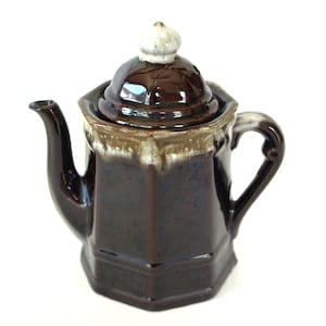 Vintage Brown Drip Glaze Individual Personal Teapot – Octagonal Sides Redware Pottery