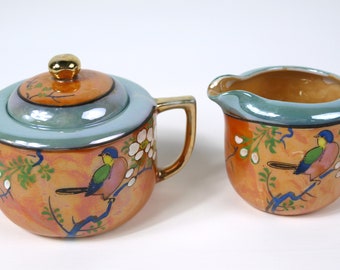 Ensemble sucrier et crémier vintage - Fabriqué au Japon - Service à thé en porcelaine lustré Oiseaux chanteurs orientaux - Bon état