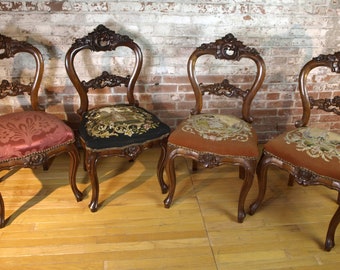 Beautiful Hand Carved Rose Balloon Back Dining Chairs with Claw Feet - Set of 4 with Needlepoint Cushions - Pickup or Hand Delivery