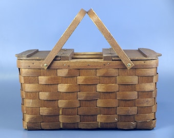 Vintage Basketville Woven Wood Picnic Basket w 2 Handles & 2 Bottle or Carafe Slots (Broken Weave) 19.5" L x 9.5" T x 11" W - Putney VT