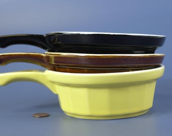 Vintage Rare Hall No. 2980 Stoneware Personal Size Casserole Baking Dishes or Soup Bowls w Handles in Yellow, Brown and Black – set of 3