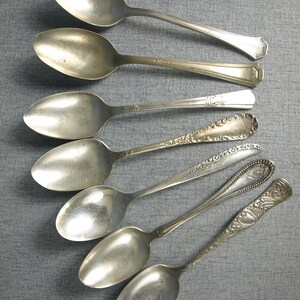 Antique Silver Plate Soup Spoons - mixed lot of 7 - Rogers 12 oz, Wallace, Court, National Nickel Silver, Reed & Barton Southern