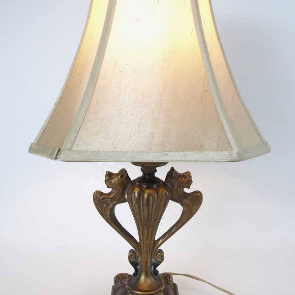 Early 20th Century Cast Plaster Table Lamp feat. Lion Heads & Decorative Scrolls - Possibly Italian Origin - w/ Vintage Golden Fabric Shade