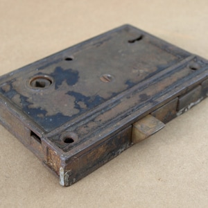 Large Antique Cast Iron Upright Vertical Rim Door Lock Set - NO Door Knob, Keeper or Keys - Needs Repair