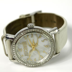 Vintage Just Cavelli Quartz Fashion Wrist Watch - Stainless Steel & Water Resistant - White Leather Wrist Band - In Working Condition
