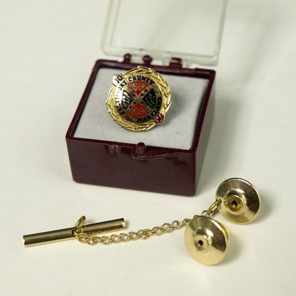 Vintage Baltimore County, MD Goldtone and Enamel Pin & Tie Tack Clutch with Chain Set and Gemstone Accent in Original Box