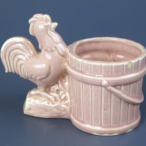Vintage Rooster by Water Bucket Pink Glaze Stoneware Planter Pot Pottery - has chip