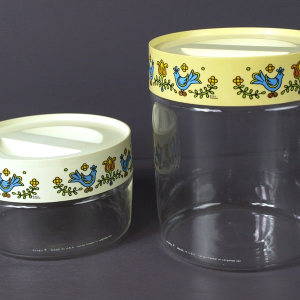 Corning "Country Festival" Storage Containers / Canisters, Set of 2 - Circa 1975 - Pyrex Glass - Very Good Condition