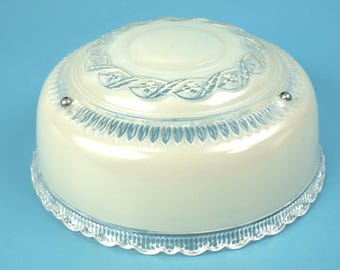 Couvre-abat-jour décoratif antique Art déco beige et verre transparent à suspendre à 3 chaînes 8,5 po. de diamètre x 3,5 po. T - Excellente+ condition