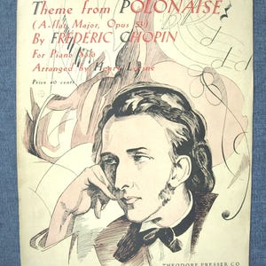 Vintage Sheet Music for Piano, &quot;Theme from Polonaise&quot; - Music by Frederic Chopin,  - arranged for piano by Henry Levine, C. 1945 - VG