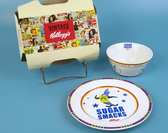 Raro set di piatti e ciotole per cereali in porcellana Smaxey the Seal Sugar Smacks della Kellogg's del 2005 con scatola originale.