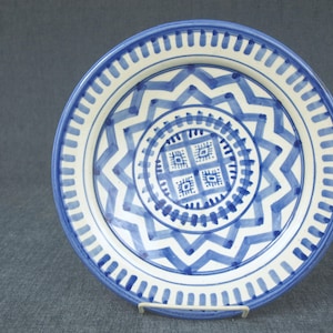 Vintage Hand Painted Signed ACTU Moroccan Studio Art Pottery Fez Style in Blue & White 10" Bowl - Superb Condition
