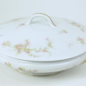 Antique Theodore Haviland Limoge France Lucille Pattern Round Covered Vegetable Casserole Serving Dish w Pink Roses & Gold Accents - Mint