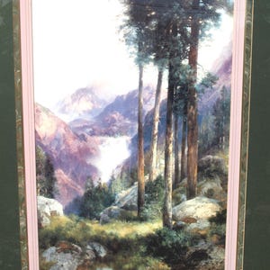 Large Thomas Moran Mountain Range Landscape Art Print signed Moran 1913 in Burl Wood Frame and Green Mat - Trees in a Valley