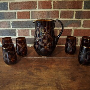 Vintage Bohemian Ruby Red to Clear Hand Etched Crystal Pitcher Set with Gold Trim and 6 Tumbler Cups image 4