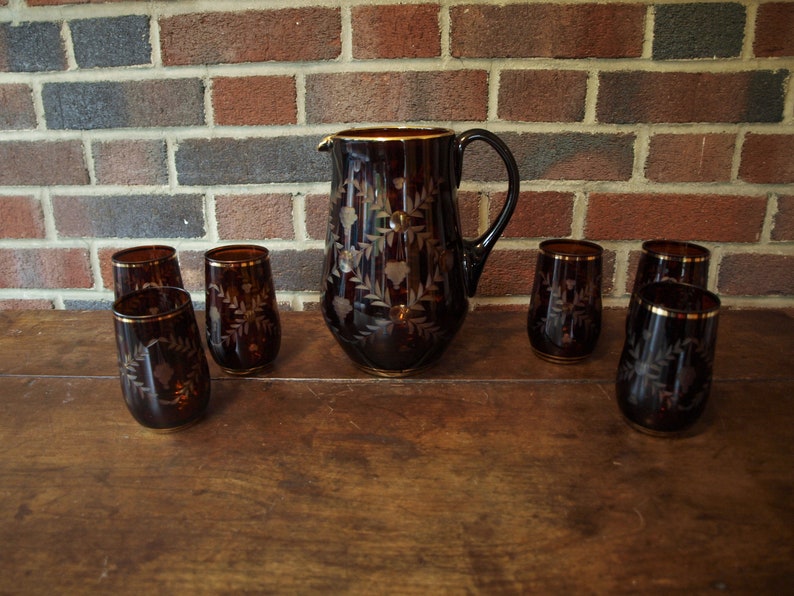 Vintage Bohemian Ruby Red to Clear Hand Etched Crystal Pitcher Set with Gold Trim and 6 Tumbler Cups image 4