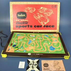 Vintage Tudor Tru Action Electric Sports Car Race - circa 1959 - Working! Complete Game w/ Original Box - 27.25&quot; - Great Condition
