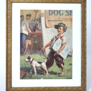 Stampa vintage di Hintermeister "Out to Win" n. 3480 di Chapman Co. Brooklyn, NY - Paperboy con Terrier che va a una mostra canina - Incorniciato professionalmente
